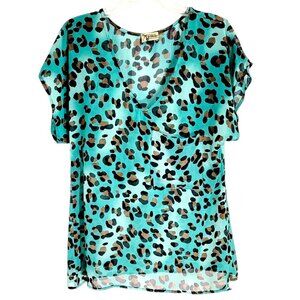 Show Me Your‎ Mumu Womens Blue Animal Print Blouse Short Sleeve V Neck Size M